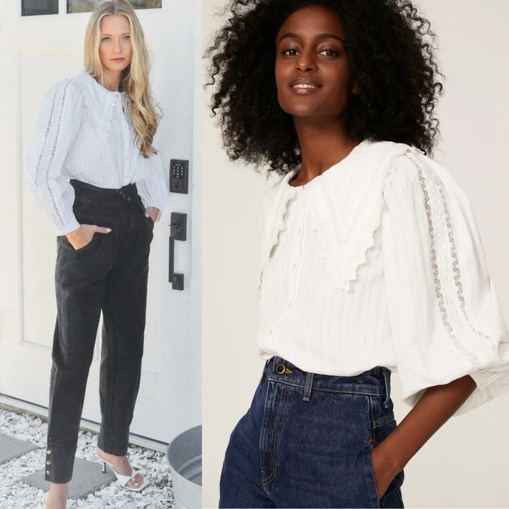 LOVESHACKFANCY Lace Embroidered Oversized Collar Puff Long Sleeve Pintuck Top XS